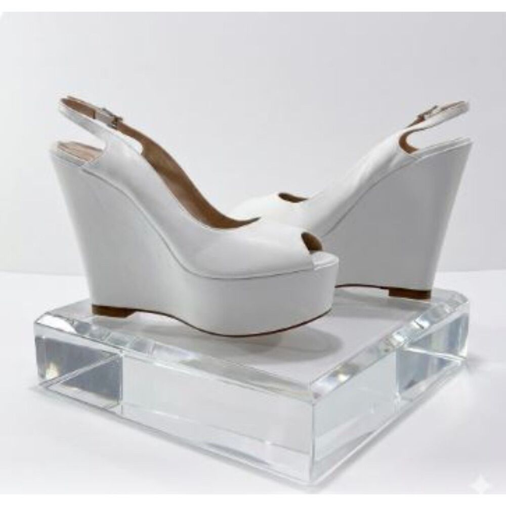 Theory Leather Platform High Wedge Peep Toe Ankle Strap Pumps Sz 37 NWOT 498